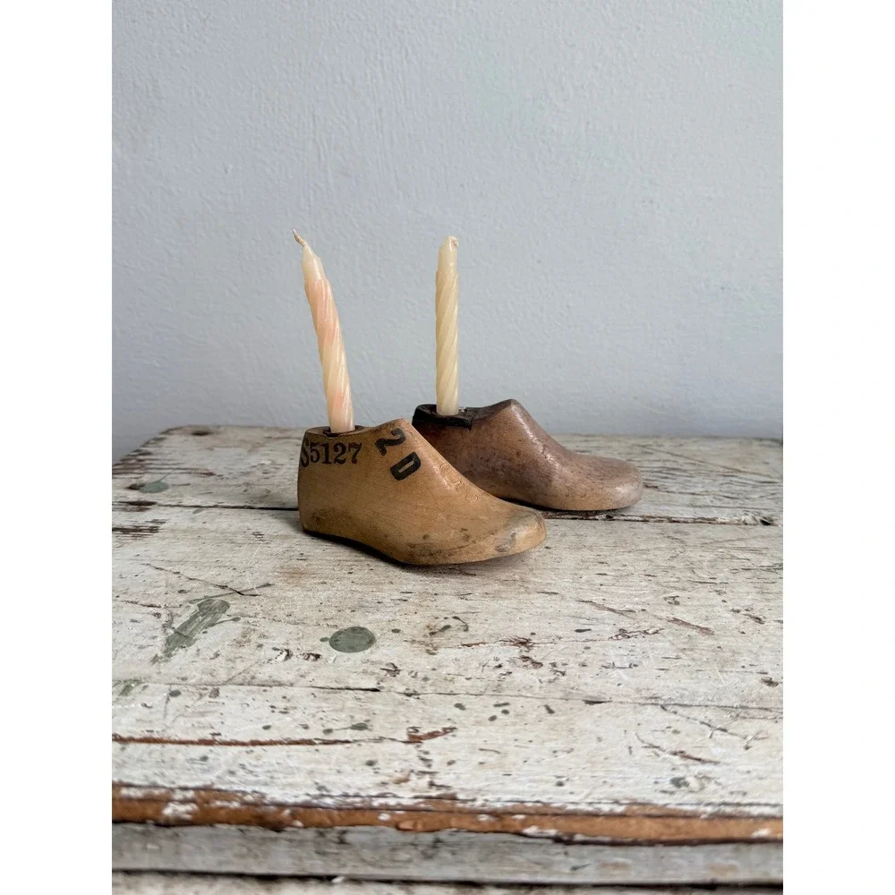 Vintage Wooden Shoe Last Candle Holders Child Size 4.5in Cobbler Forms